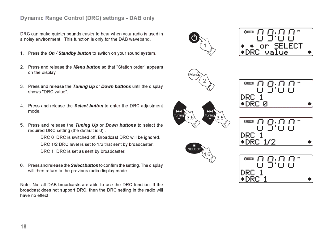 Roberts Radio MP-43 manual Dynamic Range Control DRC settings DAB only 