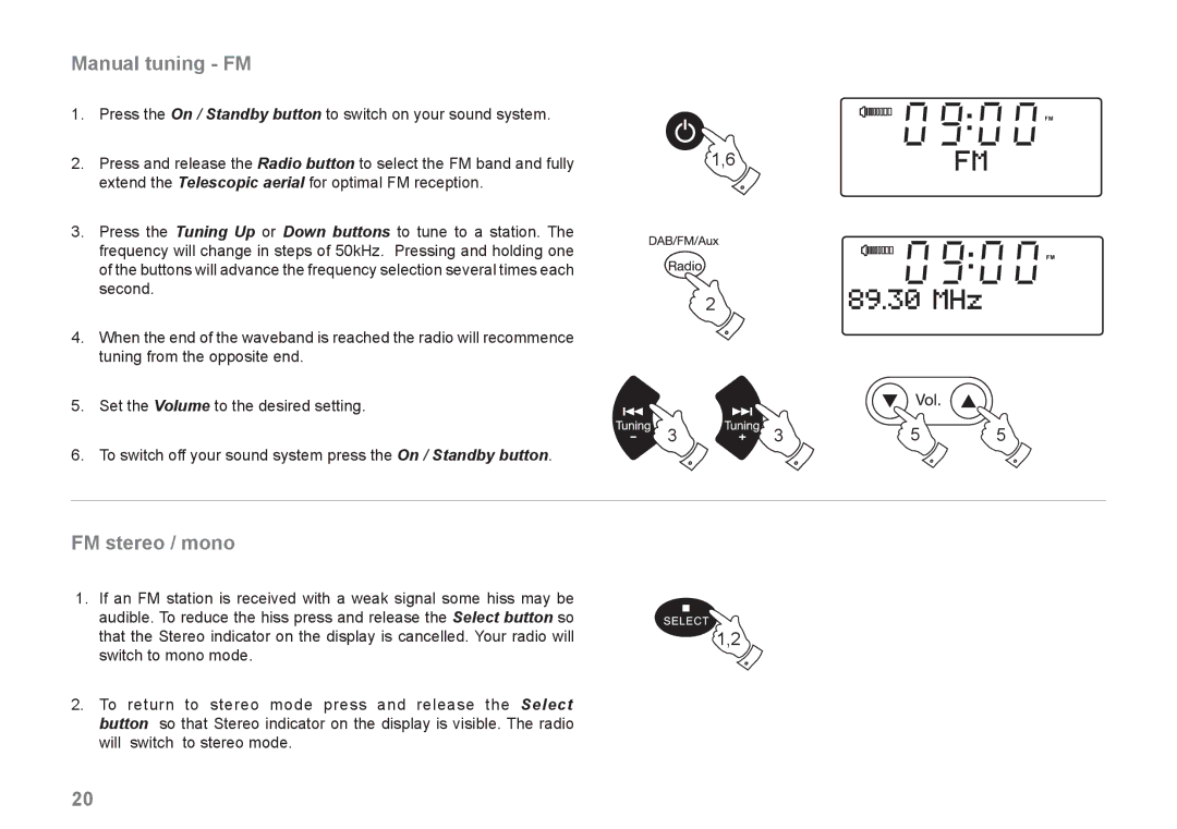 Roberts Radio MP-43 manual Manual tuning FM, FM stereo / mono 