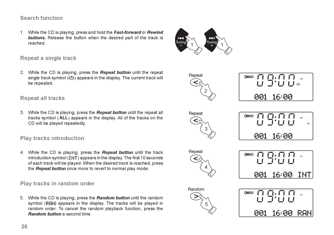 Roberts Radio MP-43 manual Search function, Repeat a single track, Repeat all tracks, Play tracks introduction 