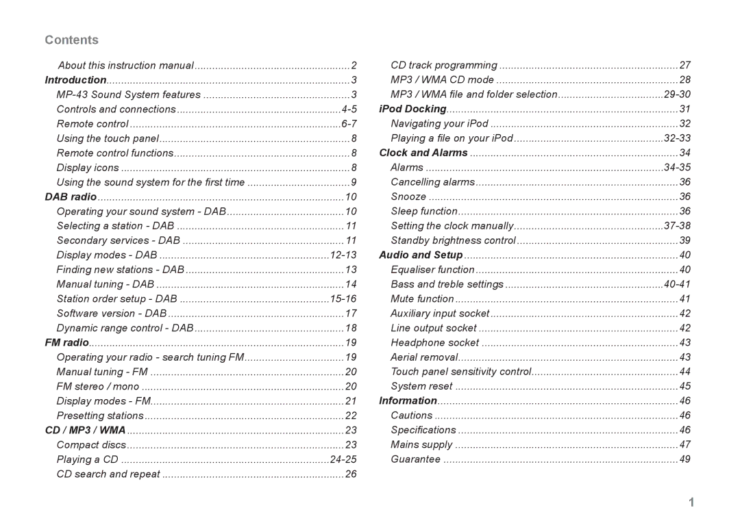 Roberts Radio MP-43 manual Contents 