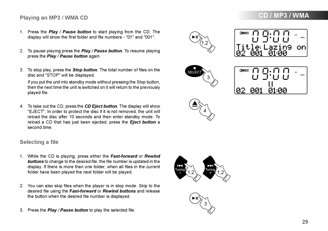 Roberts Radio MP-43 manual Playing an MP3 / WMA CD, Selecting a ﬁle 