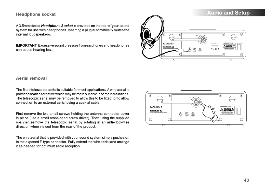 Roberts Radio MP-43 manual Headphone socket, Aerial removal 