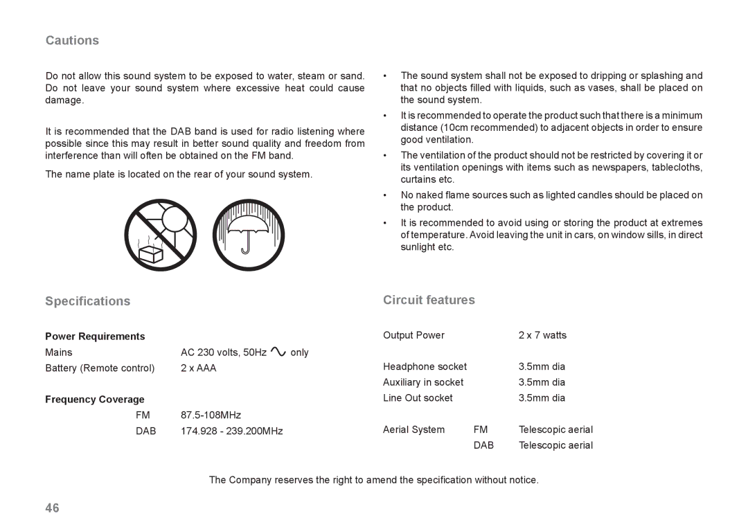 Roberts Radio MP-43 manual Speciﬁcations Circuit features, Power Requirements 