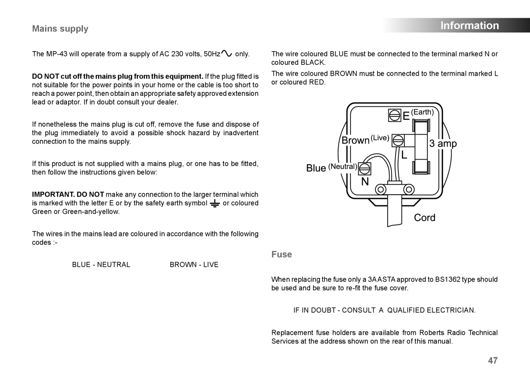 Roberts Radio MP-43 manual Mains supply, Fuse 