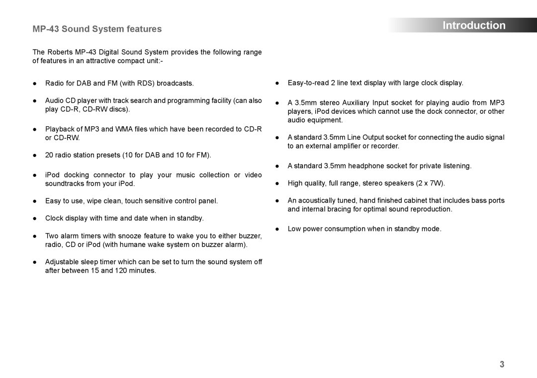 Roberts Radio manual Introduction, MP-43 Sound System features 