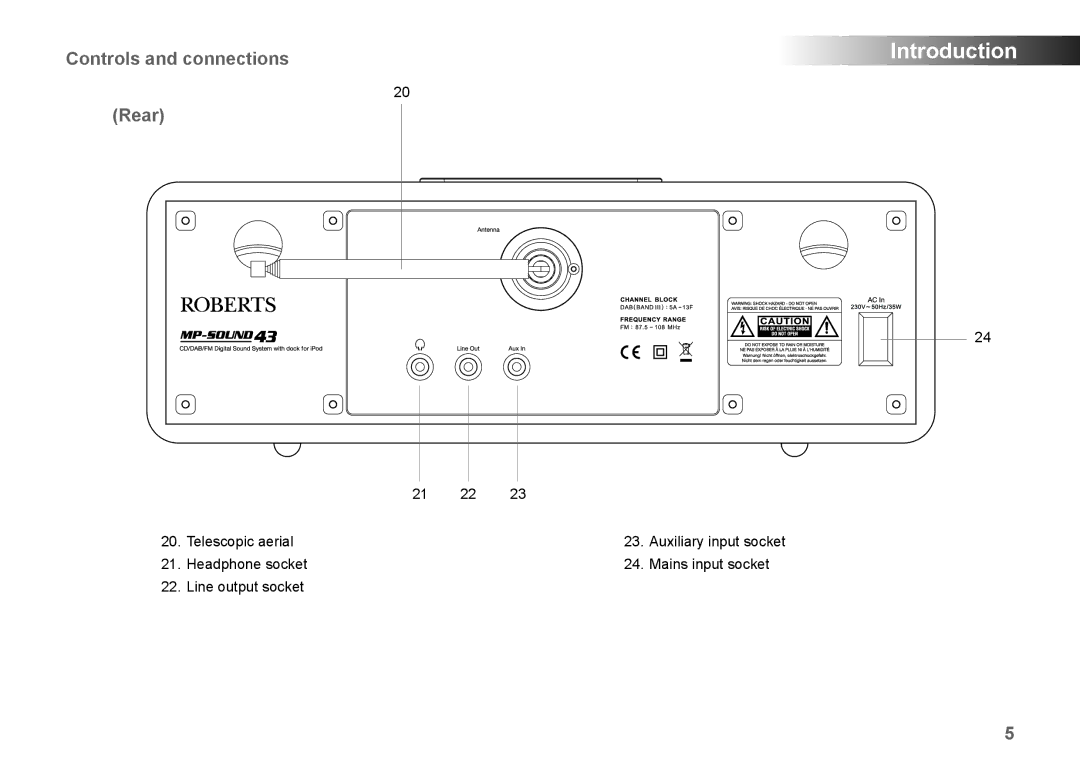 Roberts Radio MP-43 manual Controls and connections, Rear 