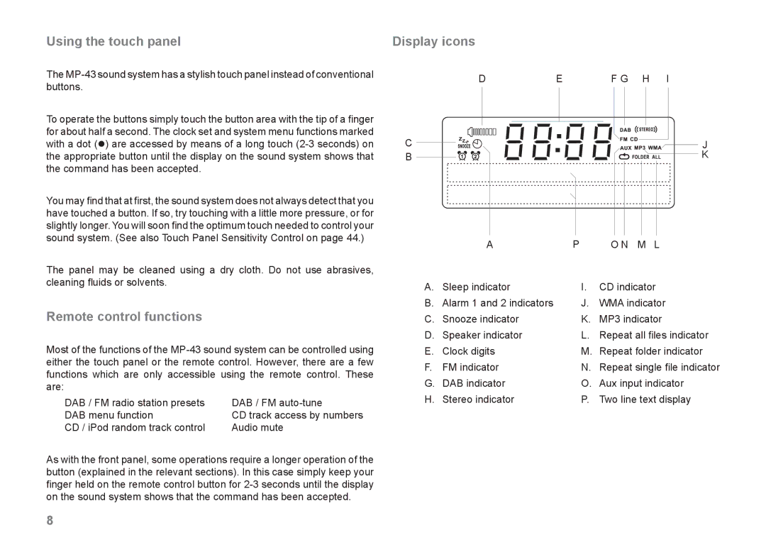 Roberts Radio MP-SOUND 43 manual Using the touch panel Display icons, Remote control functions 