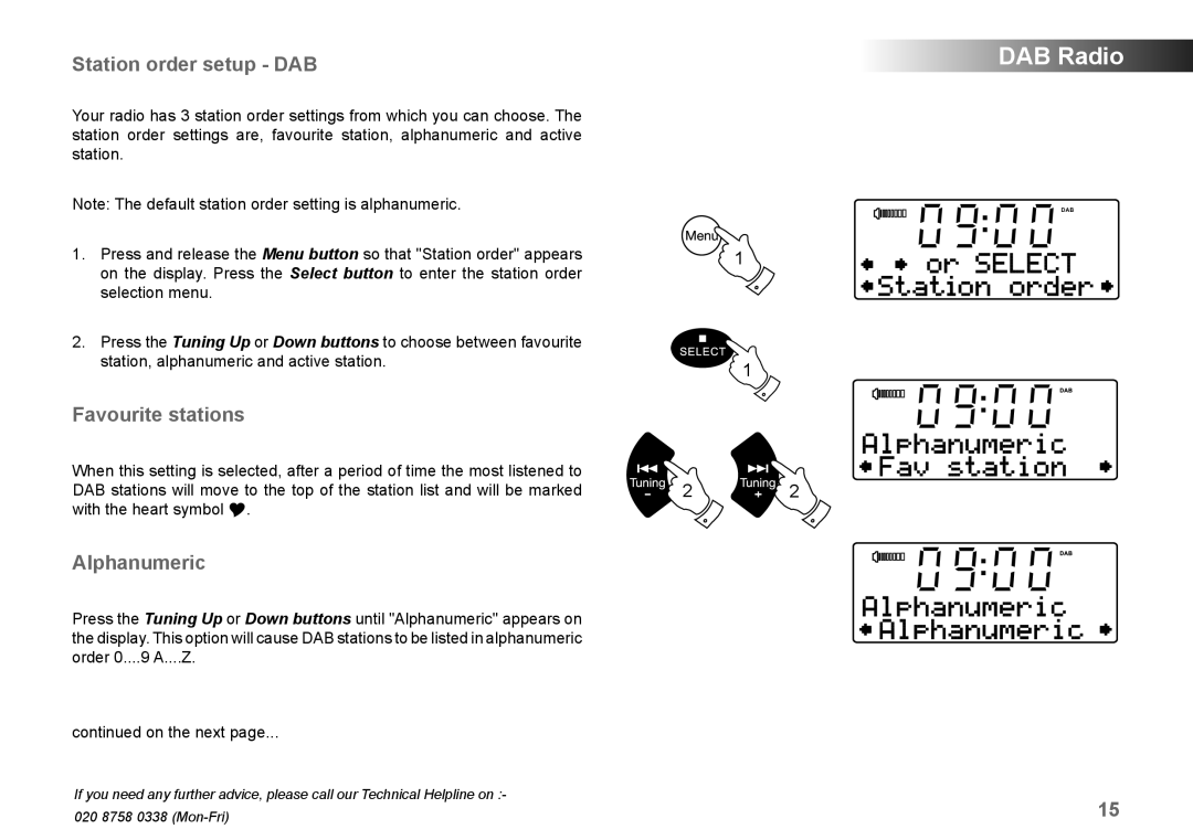 Roberts Radio MP-SOUND 43 manual Station order setup DAB, Favourite stations, Alphanumeric 