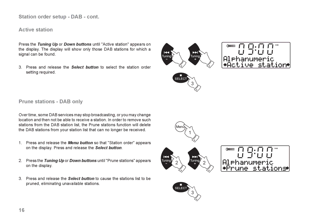 Roberts Radio MP-SOUND 43 manual Station order setup DAB Active station, Prune stations DAB only 