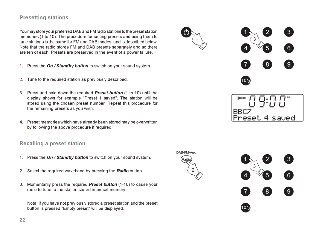 Roberts Radio MP-SOUND 43 manual Presetting stations, Recalling a preset station 