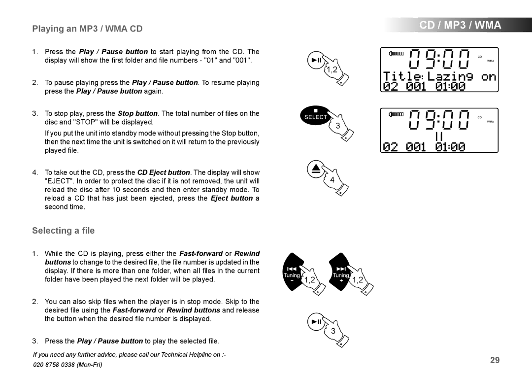 Roberts Radio MP-SOUND 43 manual Playing an MP3 / WMA CD, Selecting a ﬁle 