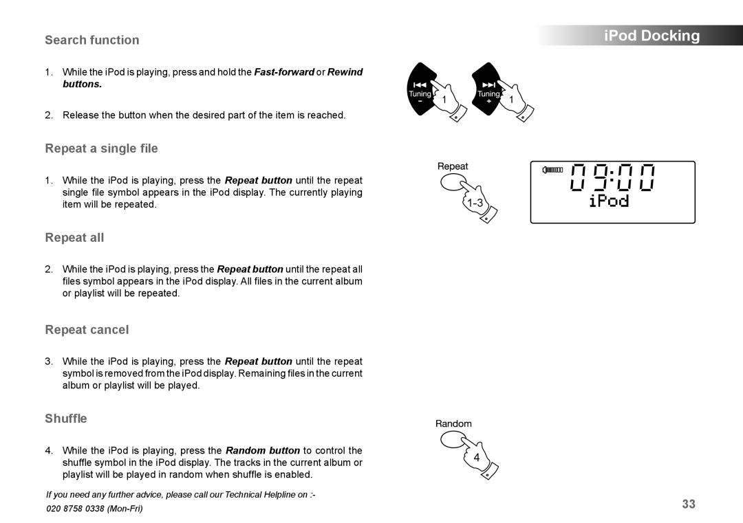 Roberts Radio MP-SOUND 43 manual Repeat a single ﬁle, Repeat all, Repeat cancel, Shufﬂe 