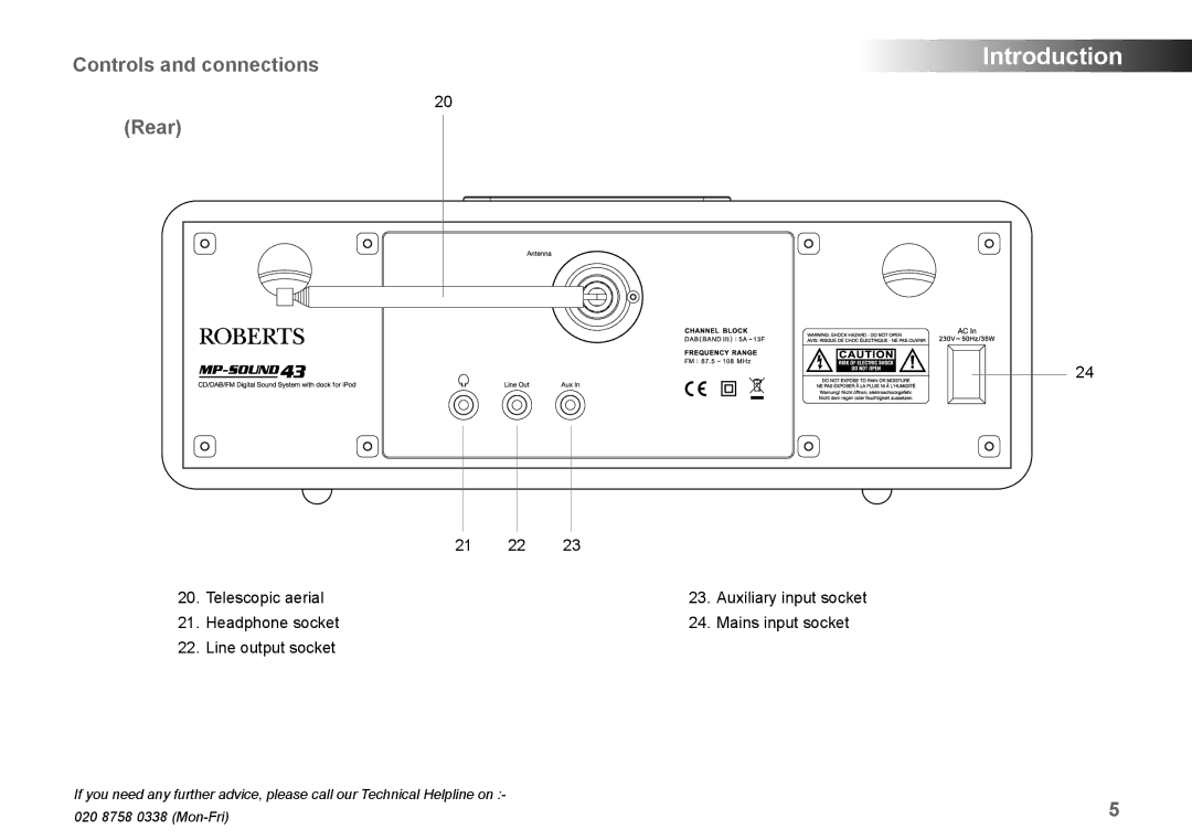 Roberts Radio MP-SOUND 43 manual Controls and connections, Rear 