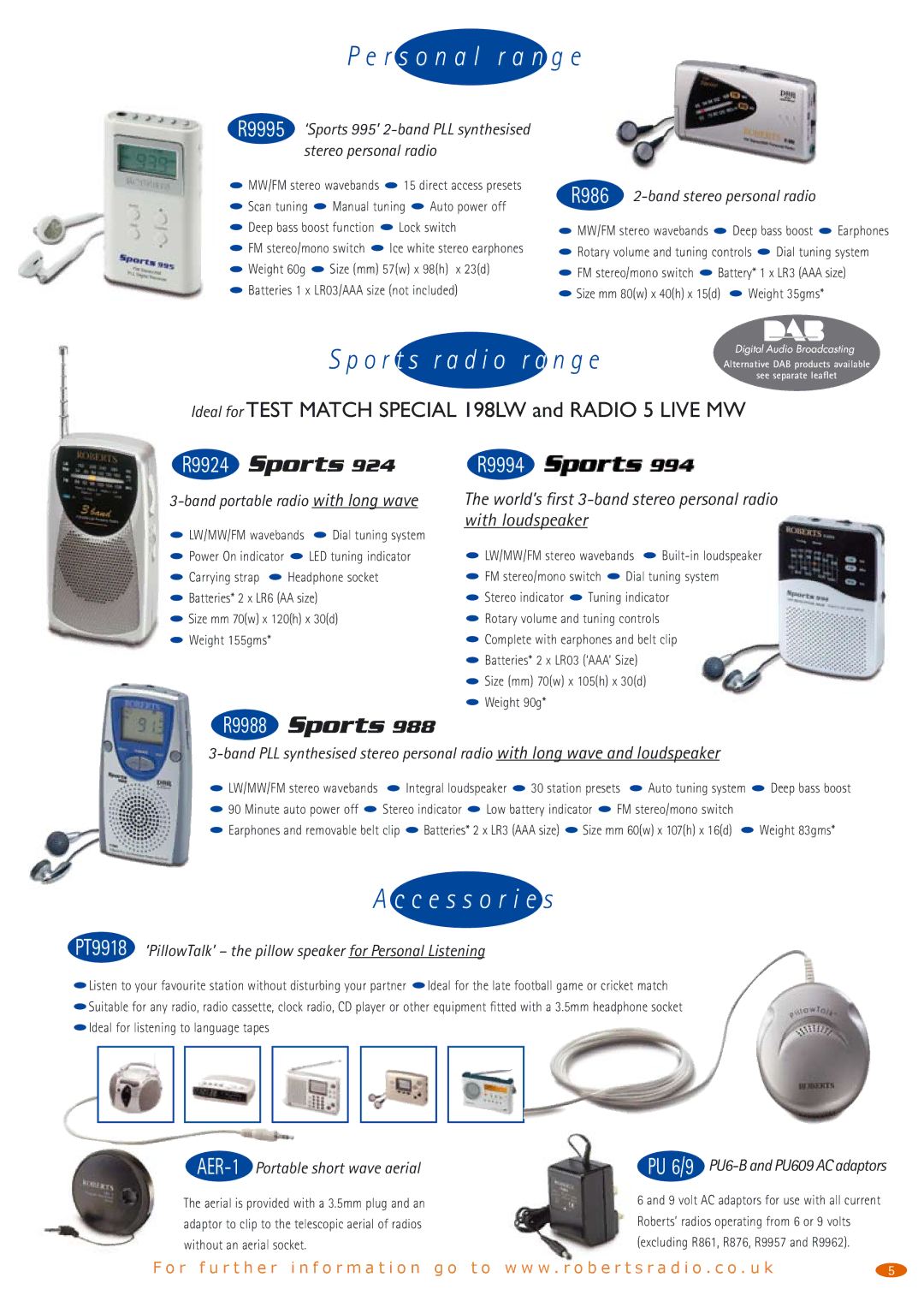 Roberts Radio R250 manual R s o n a l r a n g e, O r t s r a d i o r a n g e, C e s s o r i e s, R9924 R9994, R9988 