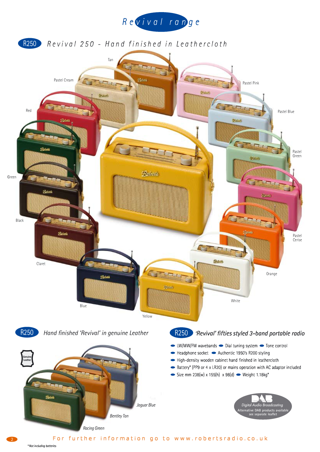 Roberts Radio manual R e v i v a l r a n g e, R250 ‘Revival’ fifties styled 3-band portable radio, Jaguar Blue 