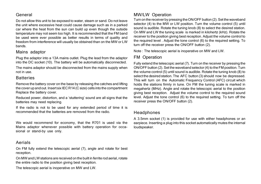 Roberts Radio R701 manual General, Mains adaptor, Batteries, Aerials, MW/LW Operation, FM Operation, Headphones 