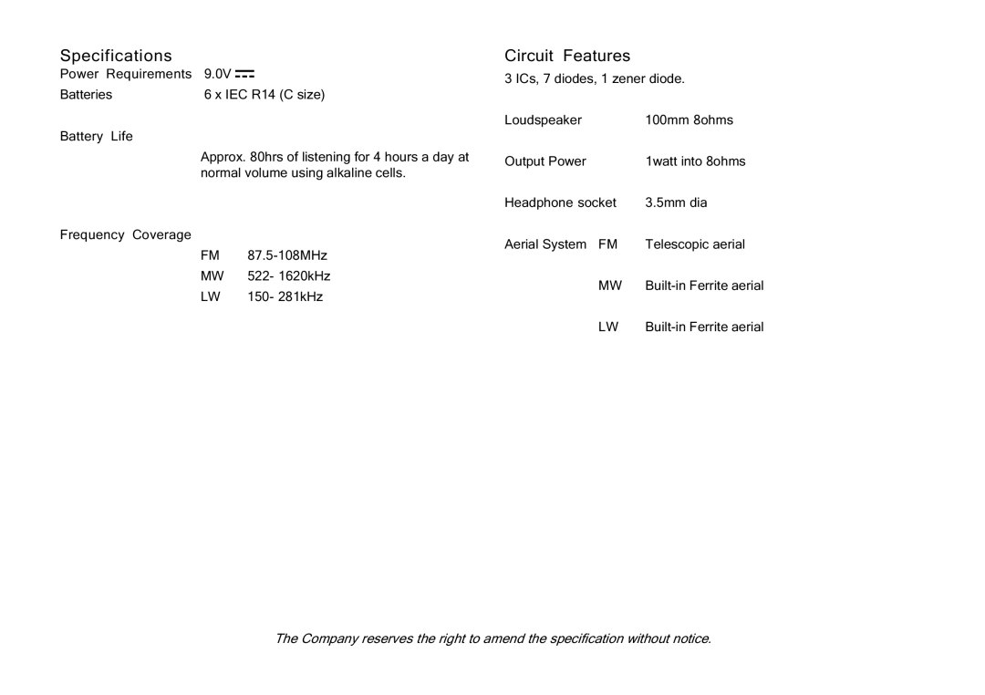 Roberts Radio R701 manual Specifications, Circuit Features 