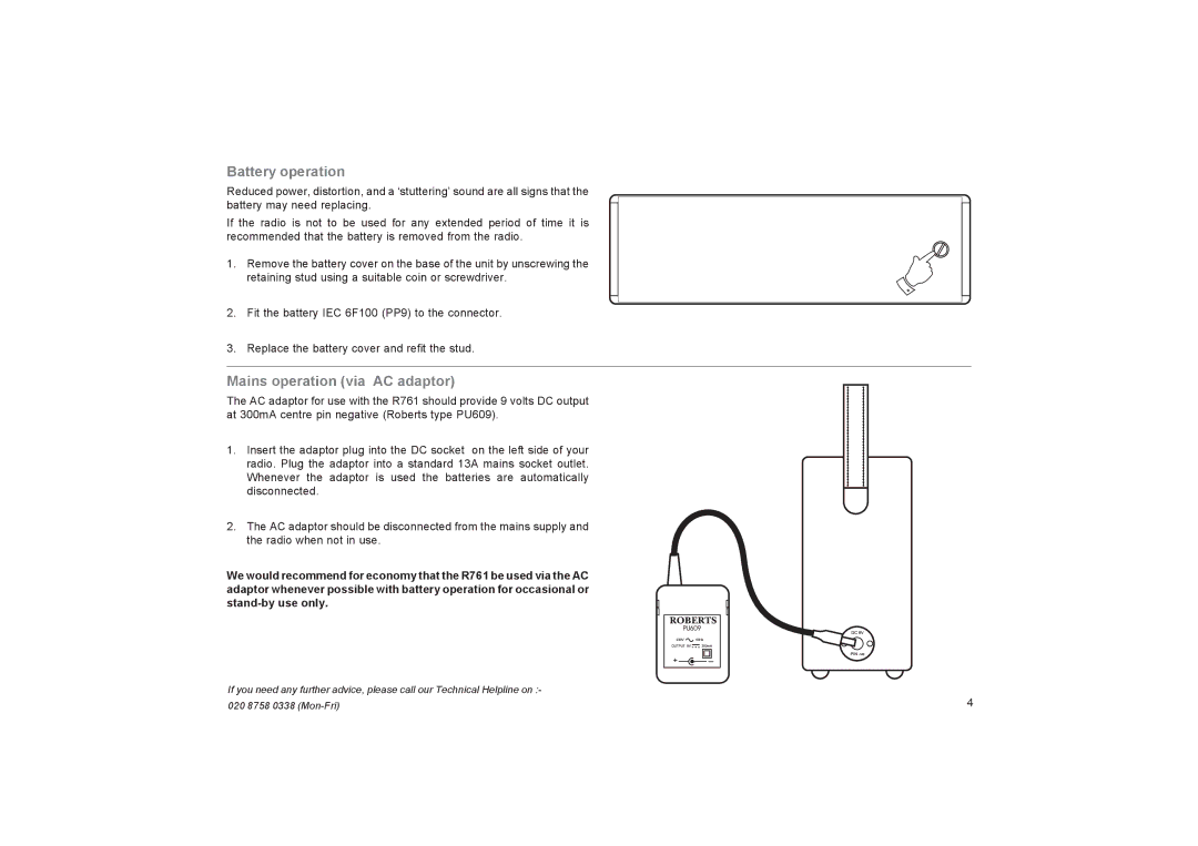 Roberts Radio R761 manual Battery operation, Mains operation via AC adaptor 