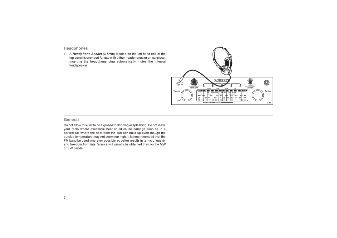 Roberts Radio R761 manual Headphones, General 