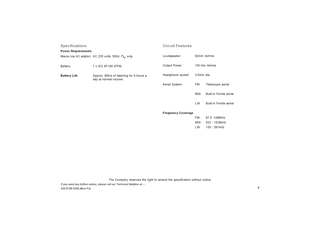 Roberts Radio R761 manual Specifications, Circuit Features 