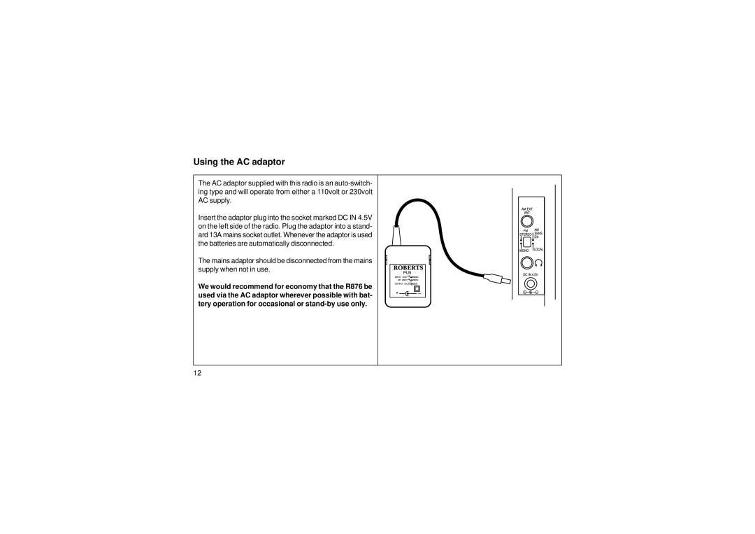 Roberts Radio R876 manual Using the AC adaptor 