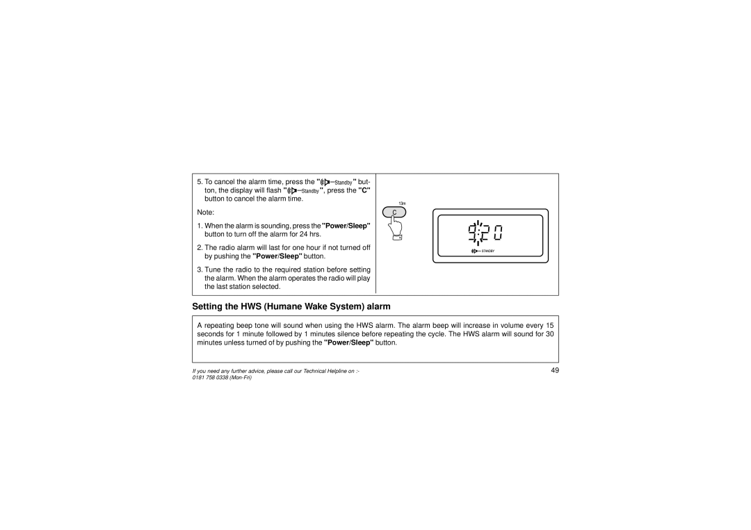 Roberts Radio R876 manual Setting the HWS Humane Wake System alarm 