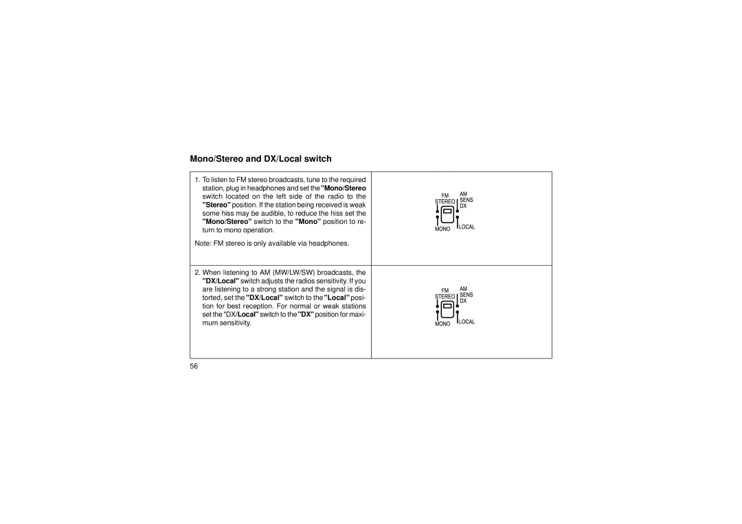 Roberts Radio R876 manual Mono/Stereo and DX/Local switch 
