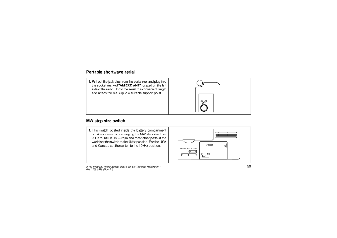 Roberts Radio R876 manual Portable shortwave aerial, MW step size switch 