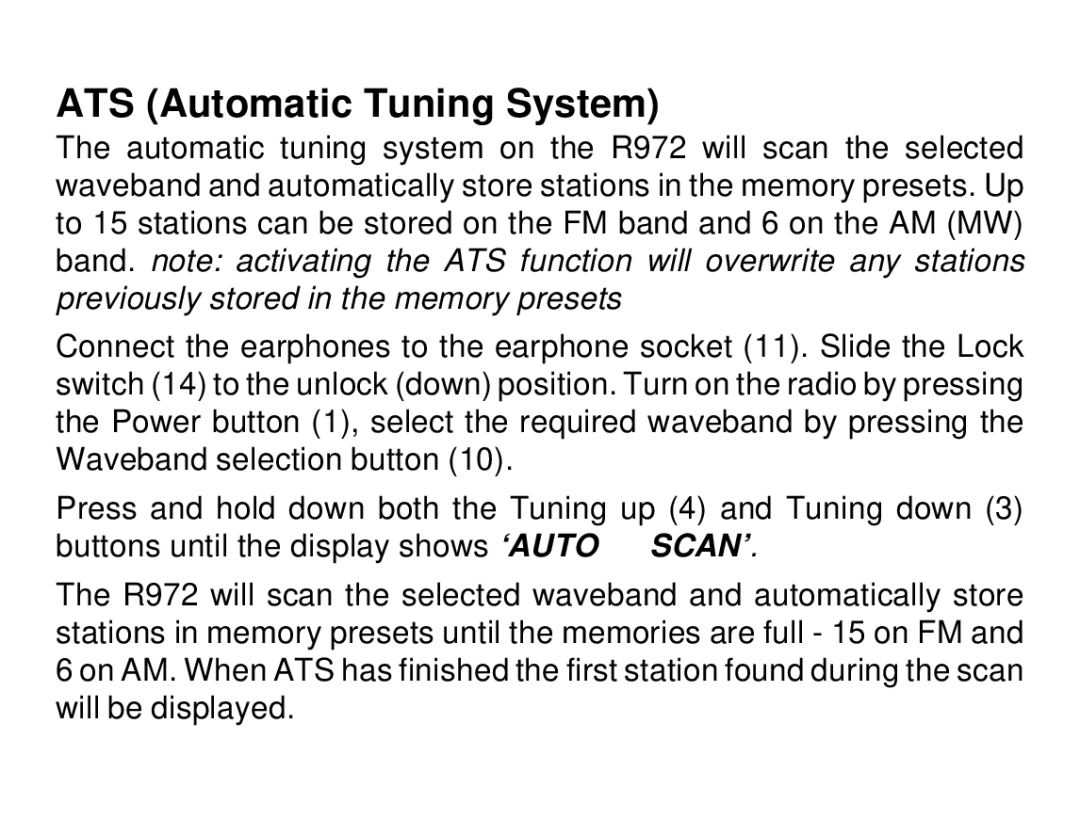 Roberts Radio R972 operating instructions ATS Automatic Tuning System 