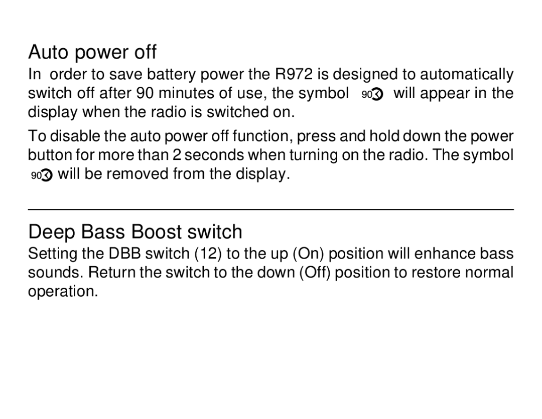 Roberts Radio R972 operating instructions Auto power off, Deep Bass Boost switch 