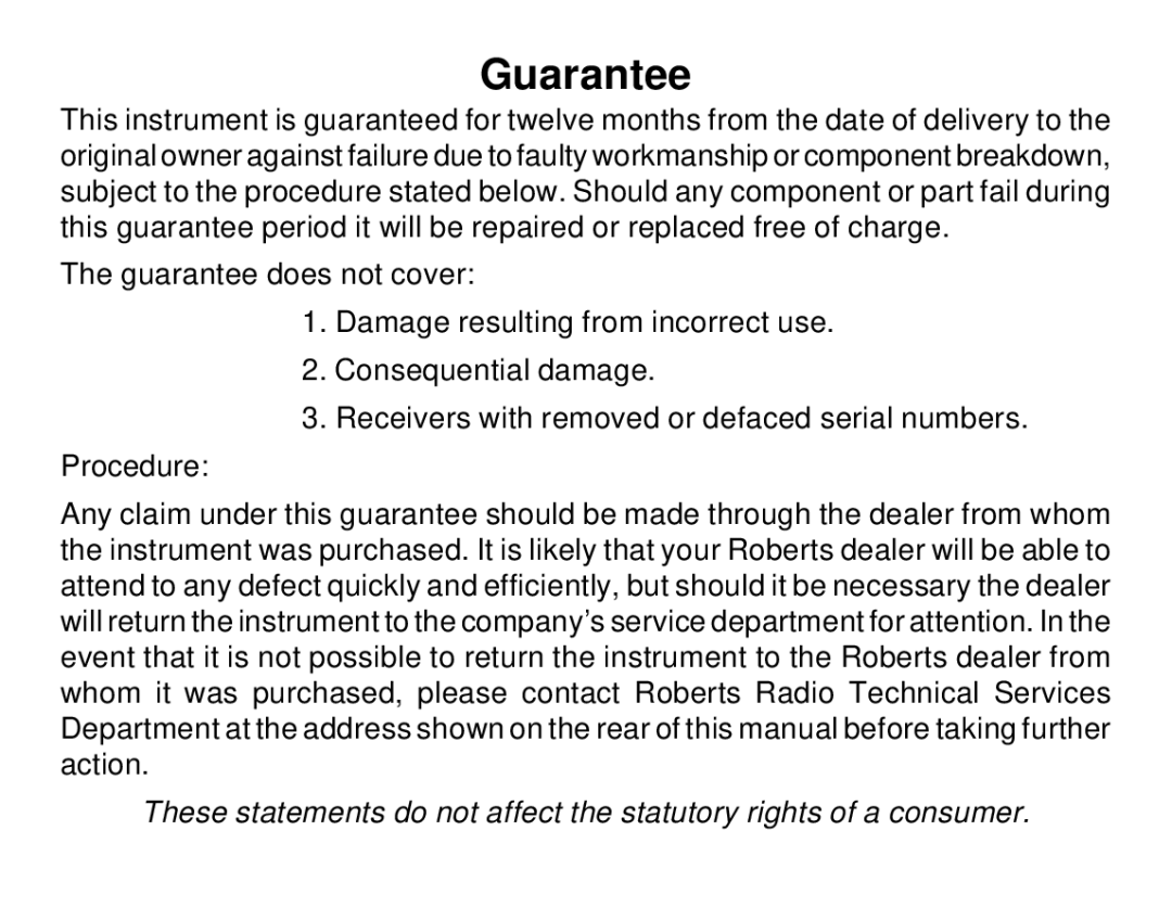 Roberts Radio R972 operating instructions Guarantee 