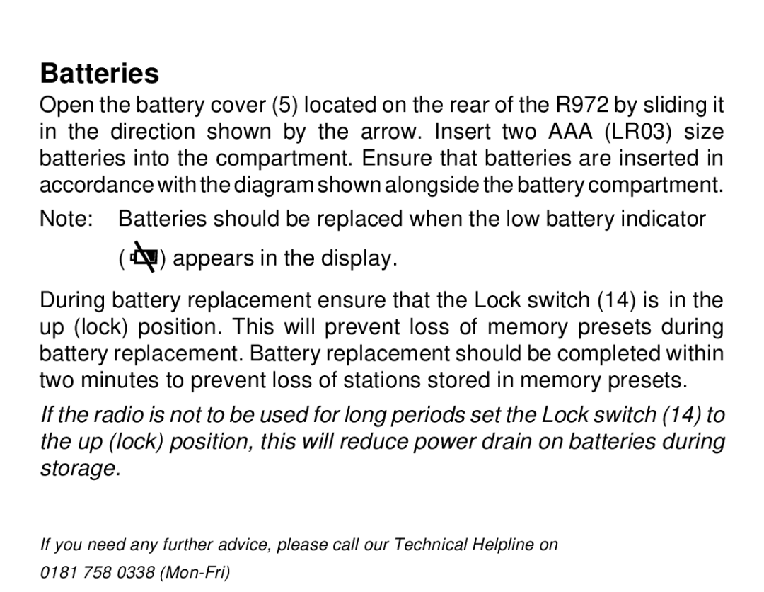 Roberts Radio R972 operating instructions Batteries, Appears in the display 