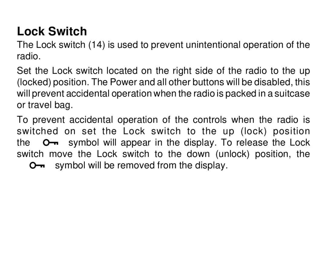 Roberts Radio R972 operating instructions Lock Switch 