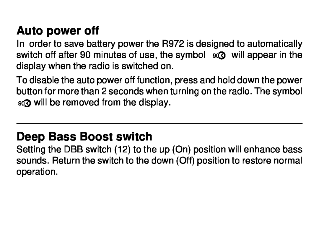 Roberts Radio R972 operating instructions Auto power off, Deep Bass Boost switch 