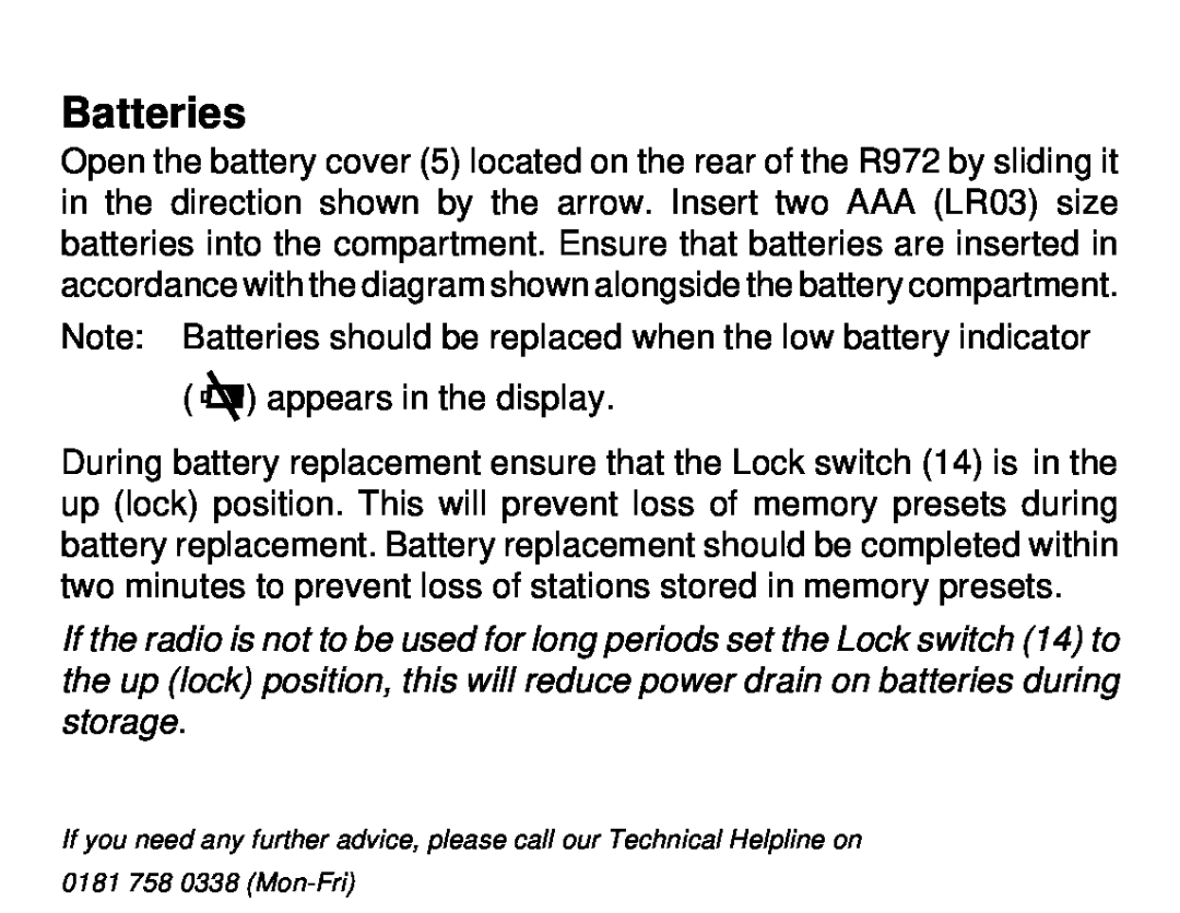 Roberts Radio R972 operating instructions Batteries, appears in the display 