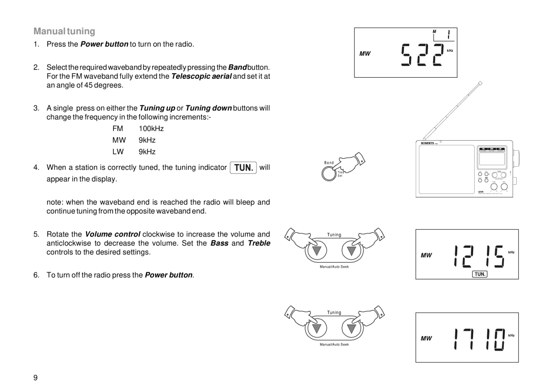 Roberts Radio R983 manual Manual tuning, KHz 