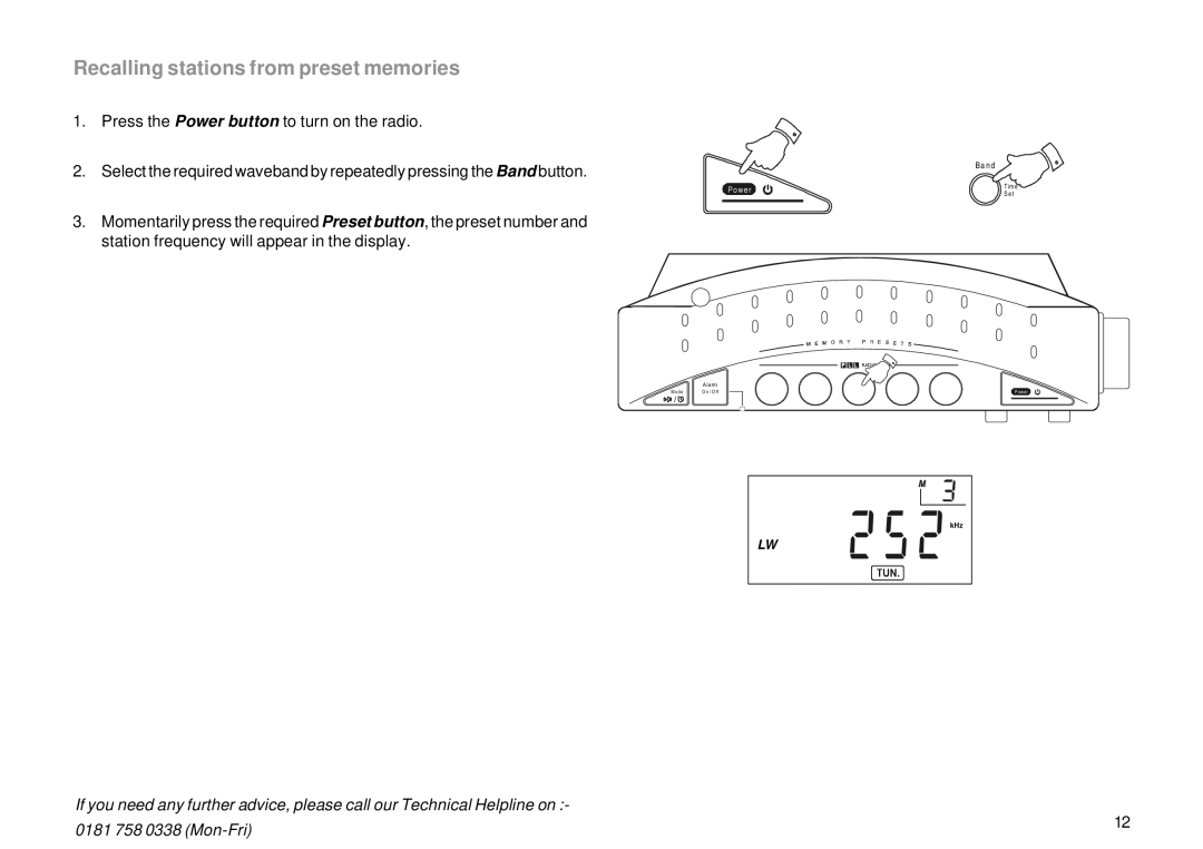 Roberts Radio R983 manual Recalling stations from preset memories 