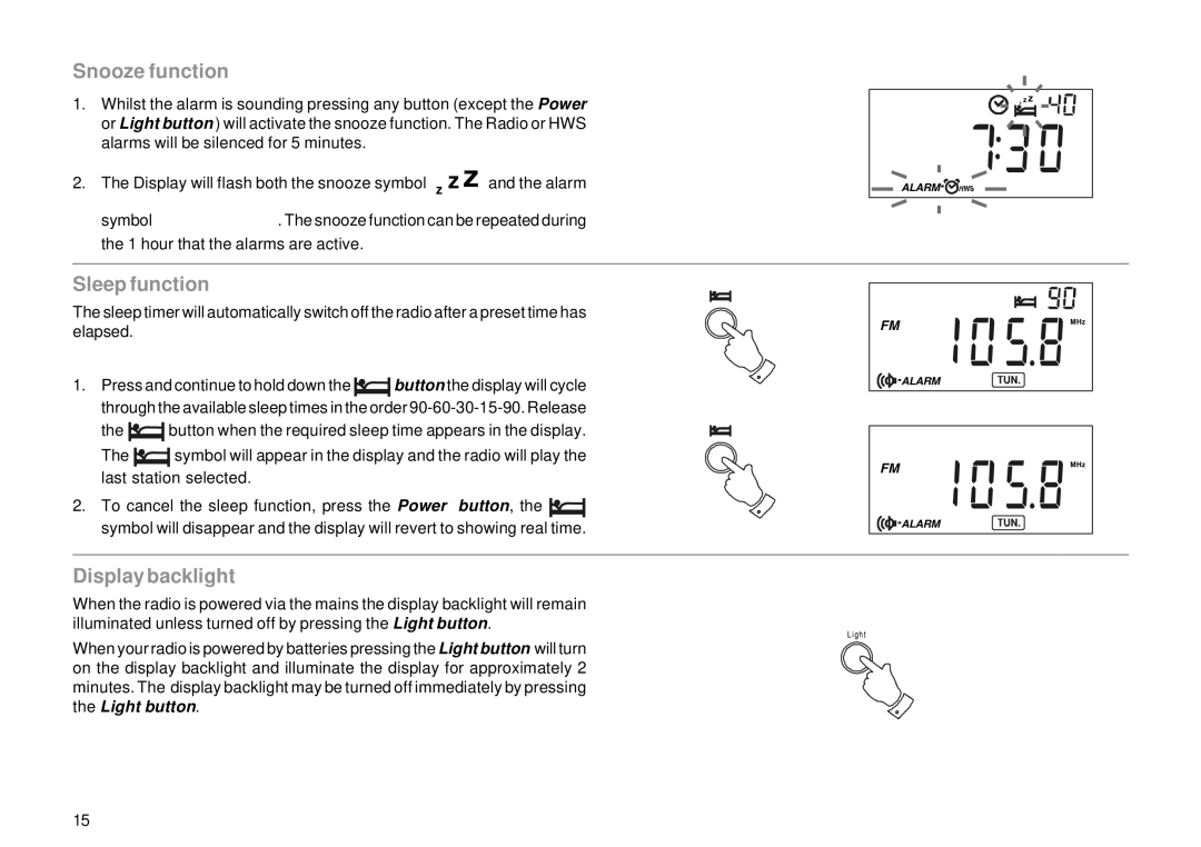 Roberts Radio R983 manual Snooze function, Sleep function, Display backlight 