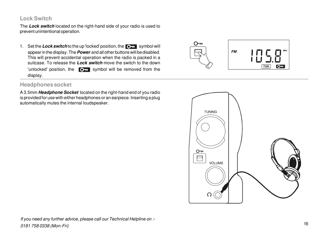 Roberts Radio R983 manual Lock Switch, Headphones socket 