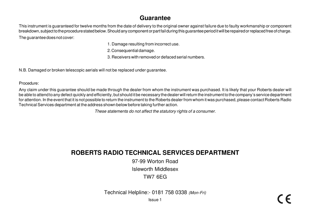 Roberts Radio R983 manual Roberts Radio Technical Services Department 