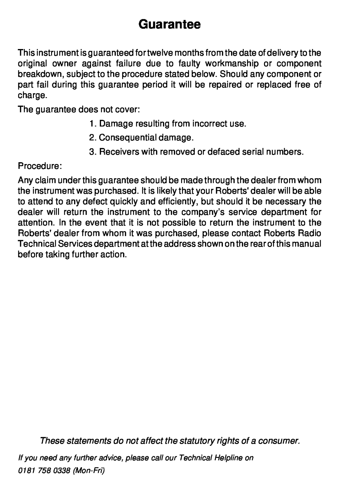 Roberts Radio R984 manual Guarantee 