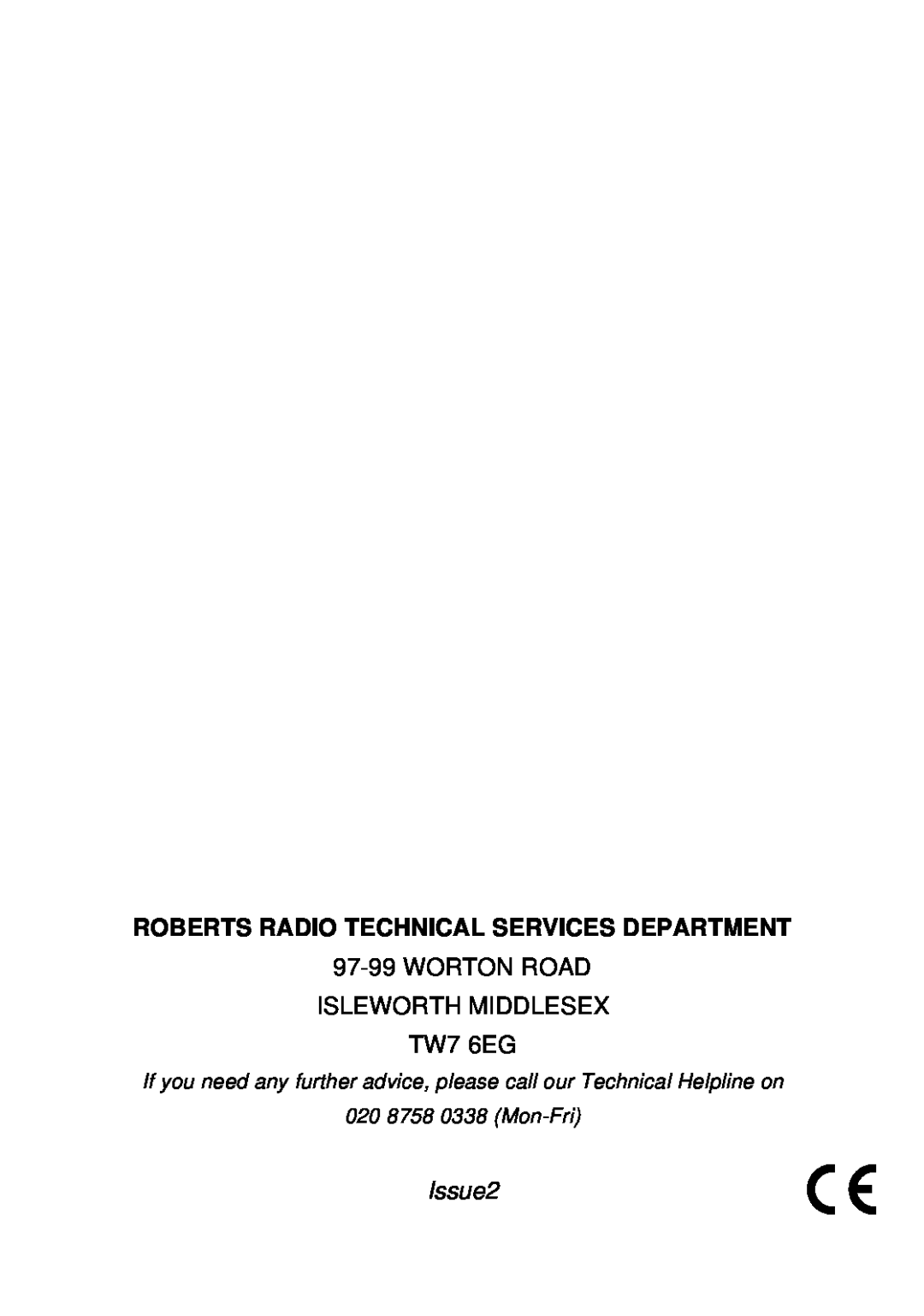 Roberts Radio R984 manual Roberts Radio Technical Services Department, Issue2, 020 8758 0338 Mon-Fri 