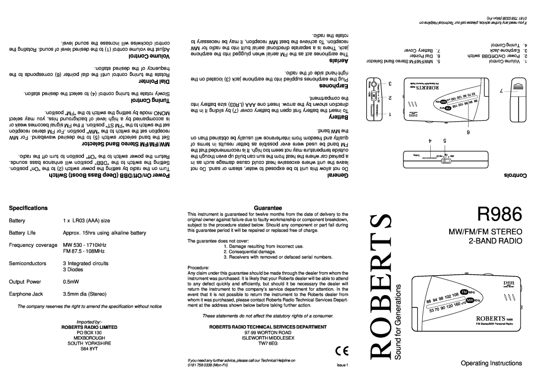 Roberts Radio R986 specifications Sound for Generations, MW/FM/FM STEREO 2-BANDRADIO, Operating Instructions, Controls 