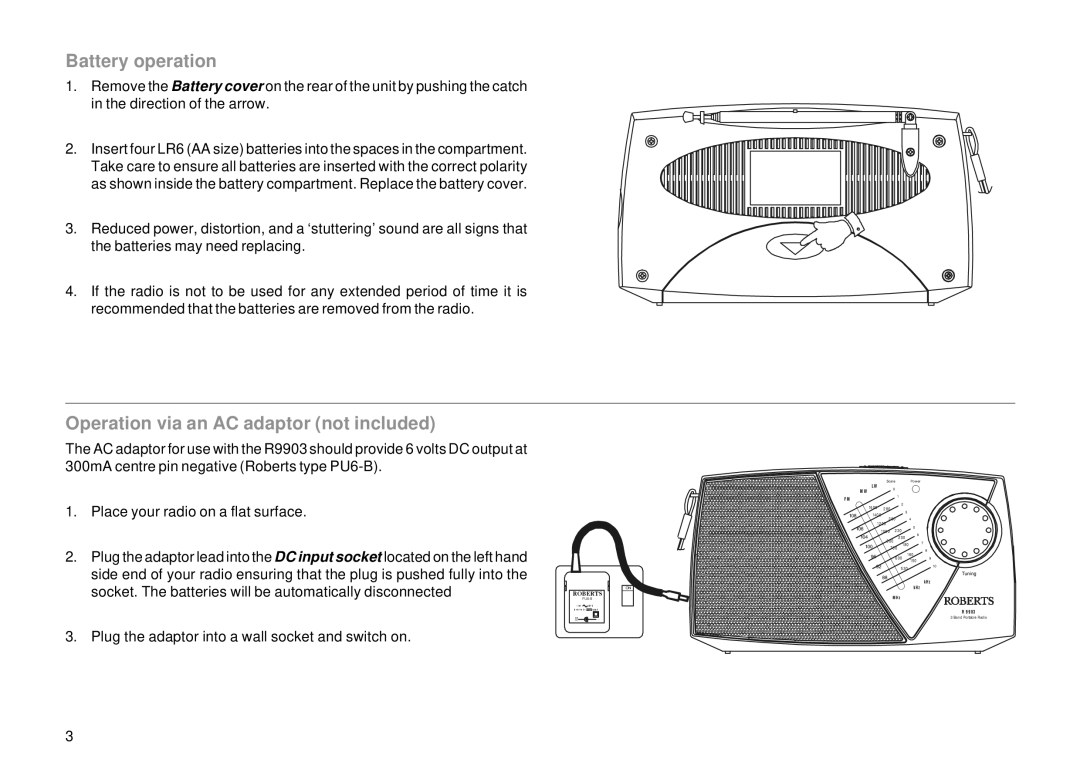 Roberts Radio R9903 manual Battery operation, Operation via an AC adaptor not included 