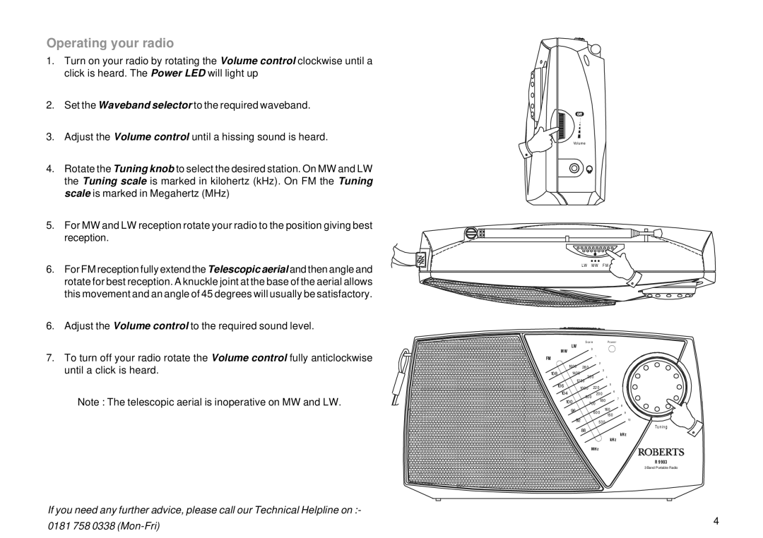 Roberts Radio R9903 manual Operating your radio 