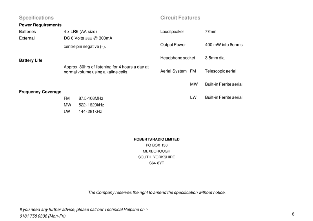 Roberts Radio R9903 manual Specifications Circuit Features, Battery Life 