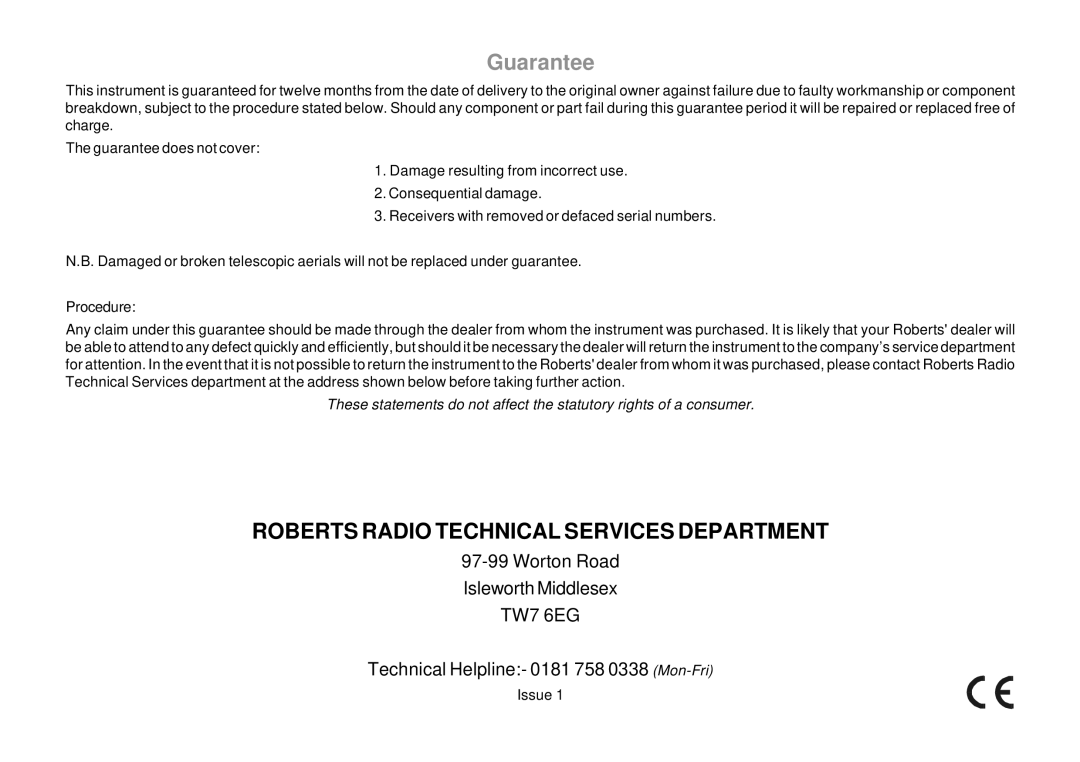 Roberts Radio R9903 manual Roberts Radio Technical Services Department 