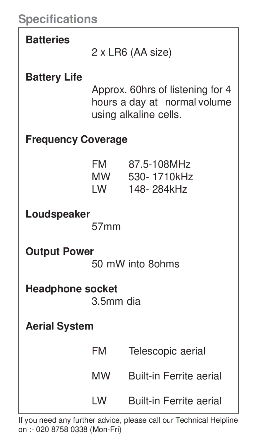 Roberts Radio R9924 manual Specifications, Headphone socket 3.5mm dia Aerial System 