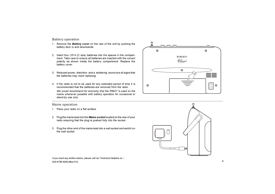 Roberts Radio R9927 manual Battery operation, Mains operation 