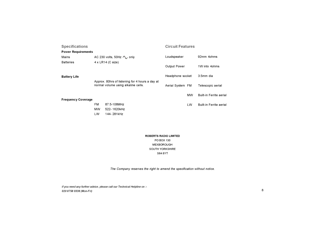 Roberts Radio R9927 manual Specifications, Circuit Features 